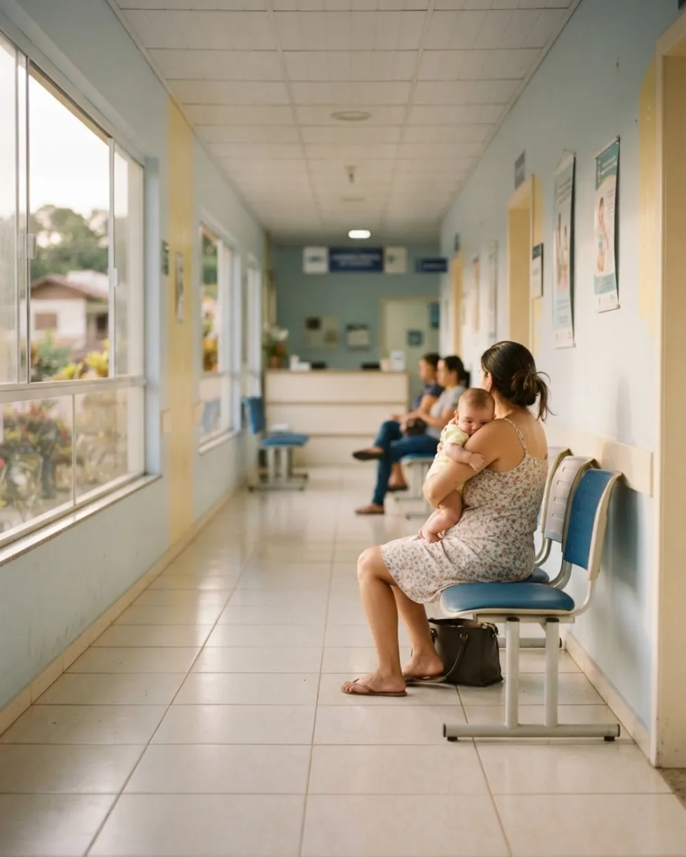 Mãe com bebê no colo esperando atendimento no corredor de uma unidade básica de saúde