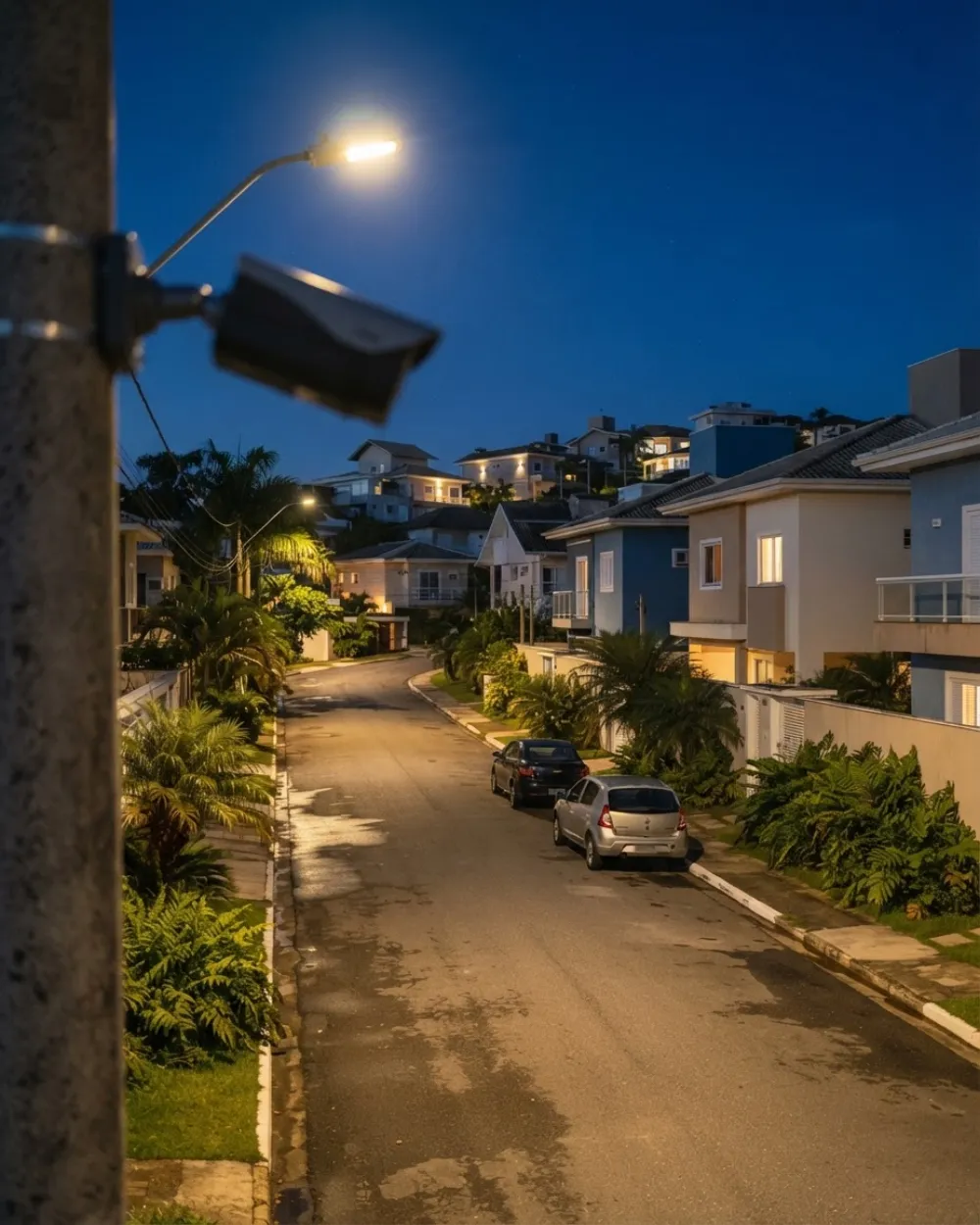 Rua residencial iluminada à noite, com câmera de monitoramento em primeiro plano